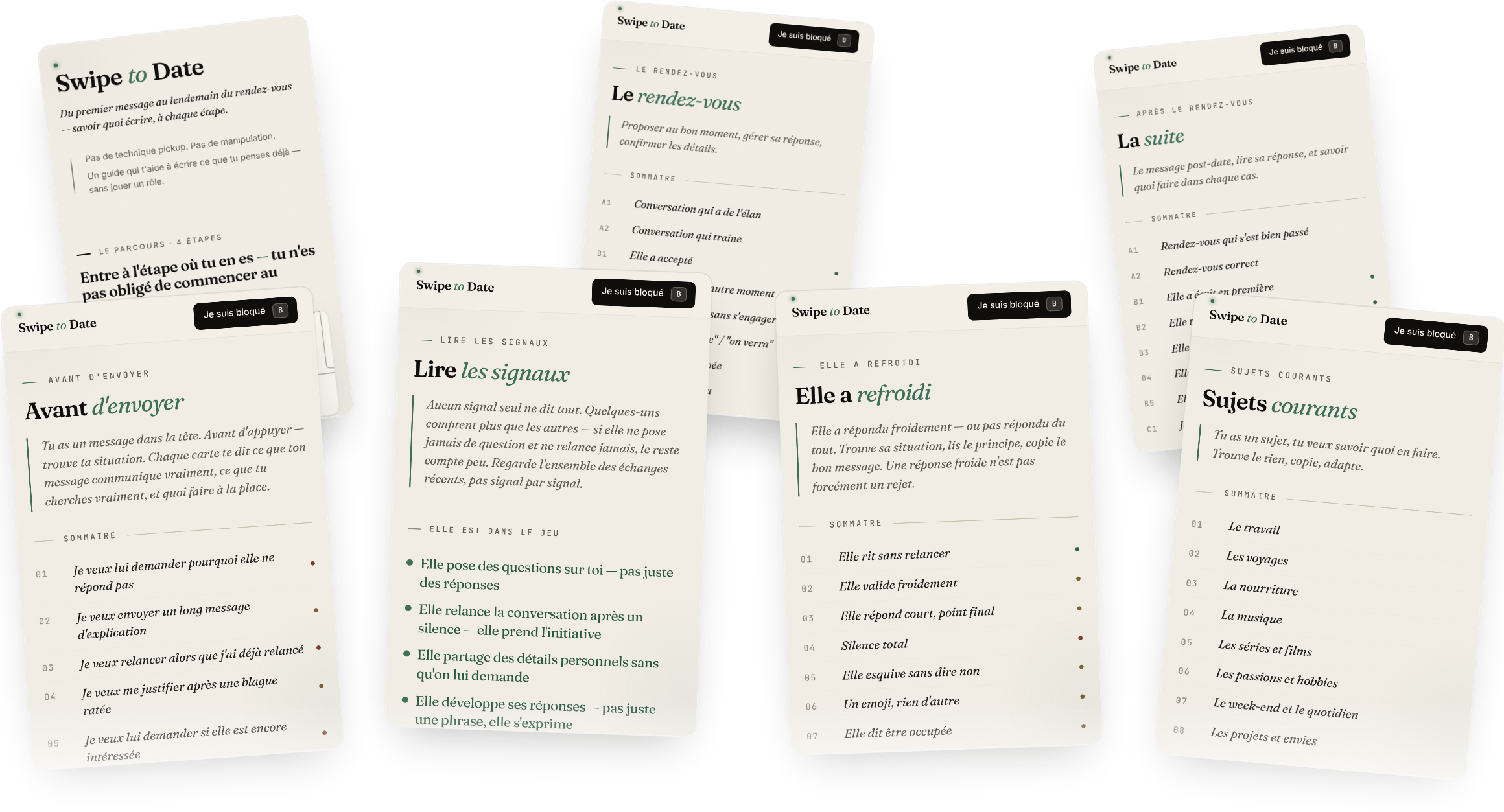 Tout le contenu de Swipe to Date étalé : openers, décodeur de réponse froide, checklist avant d'envoyer, lire les signaux, sujets, rendez-vous et après